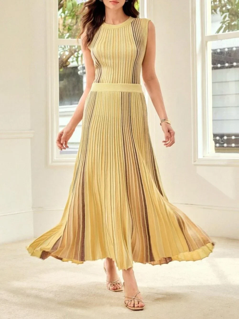 Yellow Striped Knit Maxi Skirt with Pleated A-Line Flare